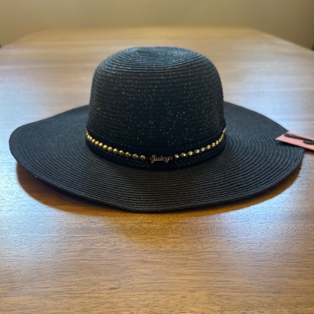 Juicy Couture Black Straw Sun Hat Wide Brim Metallic‎ Gold Studded Logo NWT